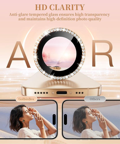 GolbinBox Camera Lens Protector for iPhone 16 Pro Max/16 Pro, 1:1 Invisible Fit, 9H Tempered Glass Ultra HD Metal Individual Camera Cover Screen Protectors for Women, Case Friendly, Bling/Desert Gold