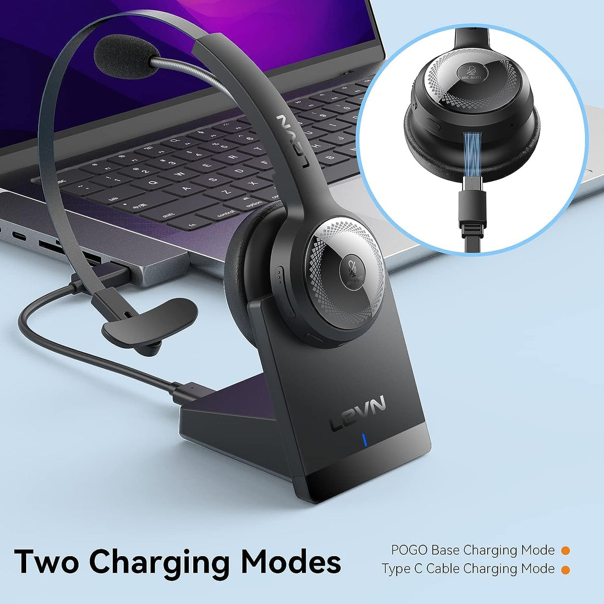 LEVN Bluetooth 5.0 Headset, Wireless Headset with Microphone (AI Noise Cancelling), 35Hrs Bluetooth Headphones with USB Dongle for PC, Suitable for Remote Work/Call Center/Zoom/Online Class, Black