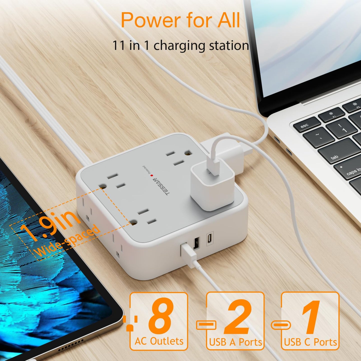 TESSAN Surge Protector Power Strip, 20 Ft Flat Plug Extension Cord with 3 USB (1 USB C) 8 Outlets, 1250W, 900J Protection, 3 Sided Outlet Extender with Power Switch for Office, Dorm Room, Grey