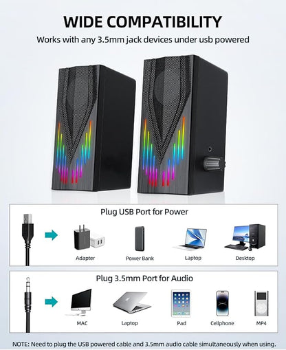 Computer Speakers with 6 Colorful RGB Lights,USB Powered 3.5mm Aux with Loud Stereo Sound,Headphone-in for Desktop,PC/Laptop/Tablet Phone