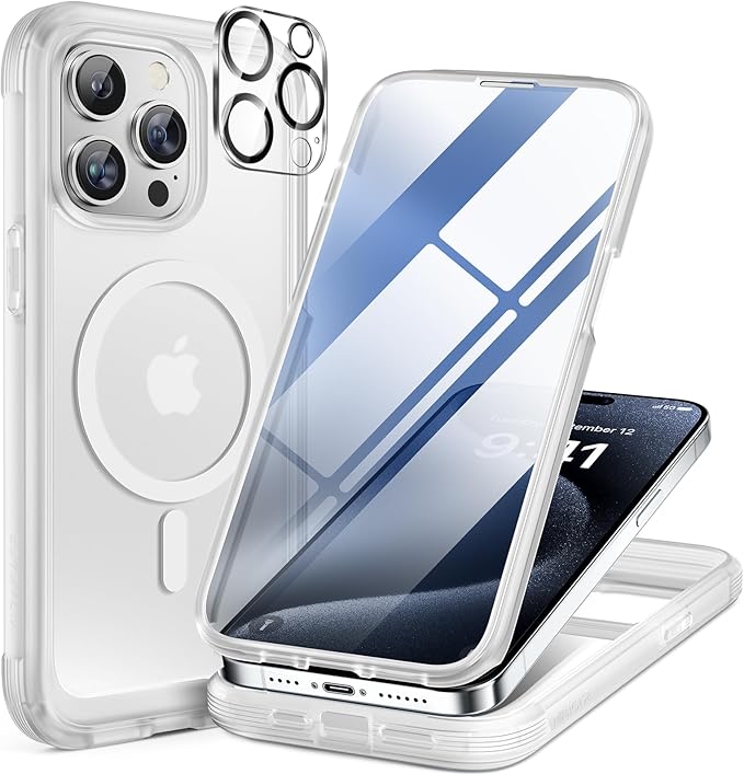 Miracase Magnetic for iPhone 15 Pro Max Case 6.7'' [Compatible with Magsafe] Full-Body Drop Proof Phone Case for iPhone 15 Pro Max with Built-in 9H Tempered Glass Screen Protector,Matte White