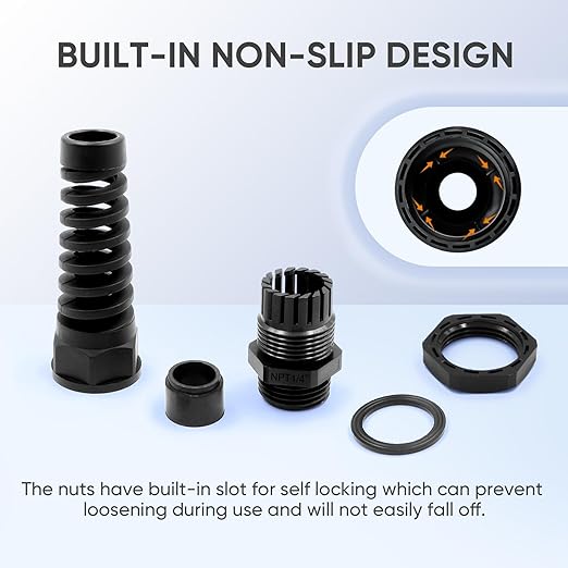 Strain Relief Cord Connector,LISTENJIALE 10Pcs NPT 1/4" Waterproof Cable Gland Flex Spiral Strain Relief Adjustable 4-8mm Cable Connector Nylon Joint with Gaskets(Black)