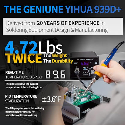 YIHUA 939D+ Digital Soldering Station, 75 Watt Equivalent with Temperature Control, °C/°F Display. ESD safe for Electronics. Aluminum Panel (Resists Burn). Solder Tips, Lead-free Solder & Extras