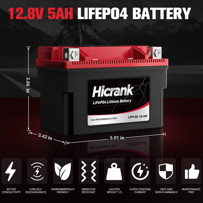 Hicrank LFP9-BS, 300 CCA, 5Ah, Lithium LiFePO4 Motorcycle Battery, 300 CCA, Digital SOC, IP66 for Ninja 400 Z650 Honda CBR600F4i KTM Duke 390 Suzuki GSX-R600 GSXR750 Predator 500 Replaces YTX9-BS
