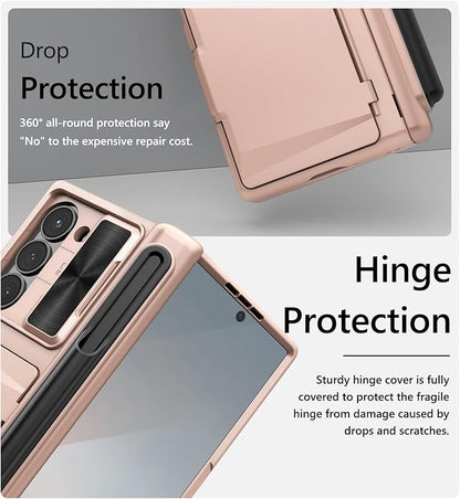 Vihibii for Samsung Galaxy Z Fold 6 Case with S Pen Holder & Card Holder & Slide Camera Cover & Screen Protector & Hinge Protection, Full Cover Shockproof Wallet Phone Case for Z Fold 6 5G, Rose Gold