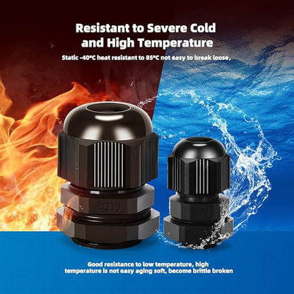 Nylon Cable Gland Kit, CGELE 50 Pack Plastic Waterproof Adjustable Connector 3-16mm Strain Relief Cord Connectors Joints Nylon with Gaskets PG7 PG9 PG11 PG13.5 PG16 PG19