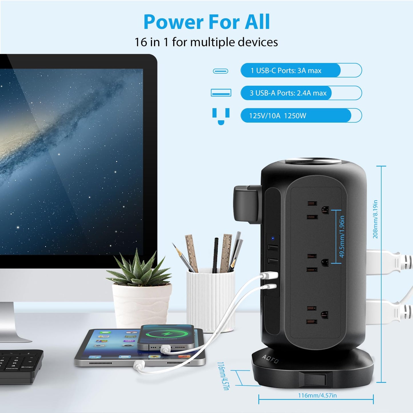 Power Strip Tower AOFO 12 AC Outlets with 4 USB(1 USB C) Ports Charging Station with Overload Protection, Widely Spaced Multiple Outlets with 10Ft Extension Cord for Home,Dorm & Office