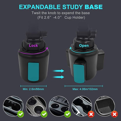 Cup Holder Car Tablet Mount, 360° Adjustable 2-Arm Stand Holder for iPad Pro 12.9/11/10.5/9.7/Air/Mini 6/5/4, Samsung Galaxy Tab/Z Fold 6/5, Amazon Fire HD, iPhone 16/15/14/Pro, 4.7-12.9" Tab & Phone