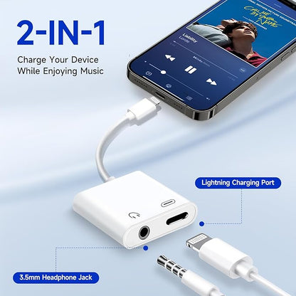 [Apple MFi Certified] 2-in-1 Charging & Audio Adapter for iPhone, Lightning to 3.5mm Headphone Jack Dongle Splitter, Supports Hi-Res Lossless Sound, Compatible with iPhone 14/13/12/11/XS/XR/8/7 3Pack