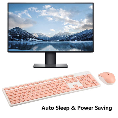 Wireless Keyboard and Mouse Combo, 2.4G Silent Cordless Keyboard Mouse Combo for Windows Chrome Laptop Computer PC Desktop, 106 Keys Full Size with Number Pad, 1600 DPI Optical Mouse (Pink)