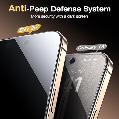 EGV 2 Pack Compatible for iPhone 15 Pro Privacy Screen Protector [6.7 Inch], 9H+ Military Grade Shatterproof Tempered Glass, Dust-Free Alignment Frame, Easy to Install for Beginners, Bubble-Free