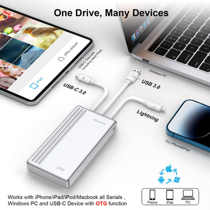MFi Certified 2TB External Hard Drive for iPhone iPad MacBook Computer,Photo Stick USB Flash Drive Storage Device for iPhone 17/16/ 15/14/13 to Backup Photo| Video | Music| File 【One-Touch Backup】