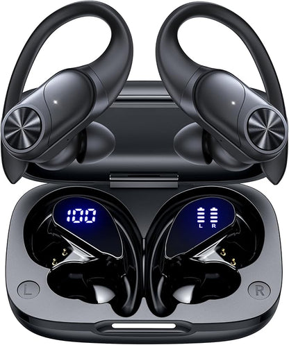 PocBuds Bluetooth Headphones Wireless Earbuds 80hrs Playtime Wireless Charging Case Digital Display Sports Ear Buds with Earhook Deep Bass IPX7 Waterproof Over-Ear Earphones for TV Phone Laptop Black