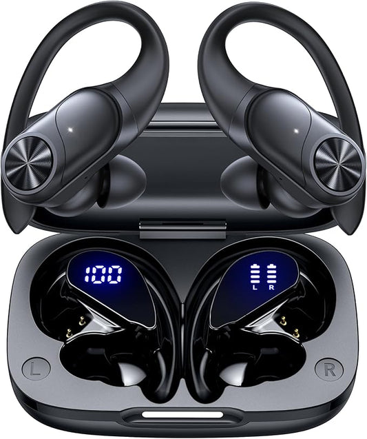 PocBuds Bluetooth Headphones Wireless Earbuds 80hrs Playtime Wireless Charging Case Digital Display Sports Ear Buds with Earhook Deep Bass IPX7 Waterproof Over-Ear Earphones for TV Phone Laptop Black