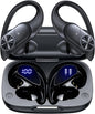 PocBuds Bluetooth Headphones Wireless Earbuds 80hrs Playtime Wireless Charging Case Digital Display Sports Ear Buds with Earhook Deep Bass IPX7 Waterproof Over-Ear Earphones for TV Phone Laptop Black