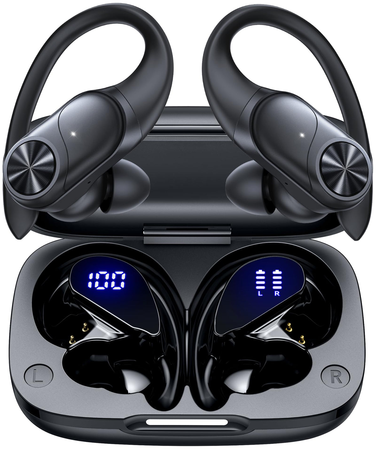 PocBuds Bluetooth Headphones Wireless Earbuds 80hrs Playtime Wireless Charging Case Digital Display Sports Ear Buds with Earhook Deep Bass IPX7 Waterproof Over-Ear Earphones for TV Phone Laptop Blue