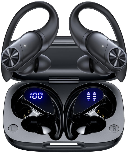PocBuds Bluetooth Headphones Wireless Earbuds 80hrs Playtime Wireless Charging Case Digital Display Sports Ear Buds with Earhook Deep Bass IPX7 Waterproof Over-Ear Earphones for TV Phone Laptop Blue