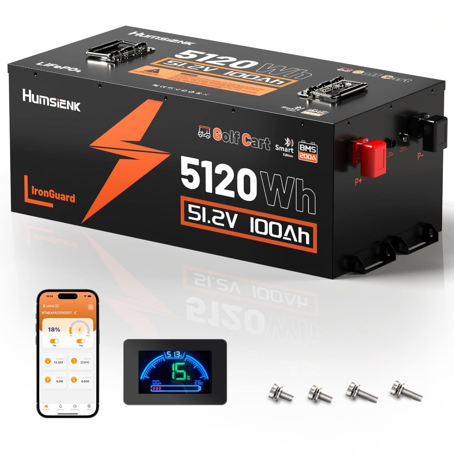 HumsiENK 48V 100Ah Golf Cart Battery with Metal Case, 48V LiFePO4 Lithium Battery with Bluetooth & LCD Monitor, 15000+ Cycles & Max 10.24kW, Built-in 200A BMS with Low-Temp Protection for Golf Carts