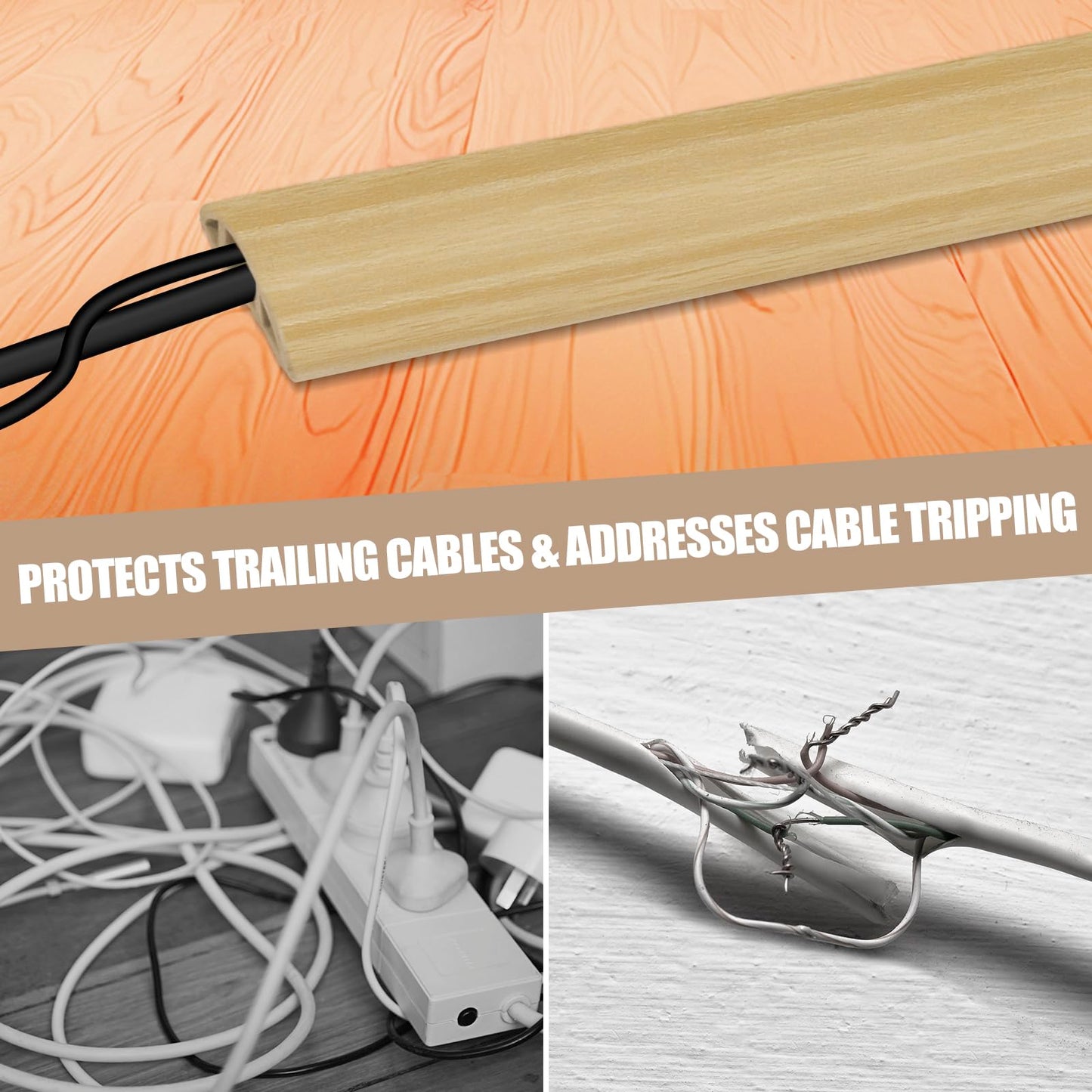 Floor Cord Cover Cavity 0.8"x0.37" Self Adhesive Cord Hider, 10FT Low Profile Cable Management, Extension Strip Protector for Wires, Prevent Cable Trips for Offices, Gyms,(Wood Light Yellow)