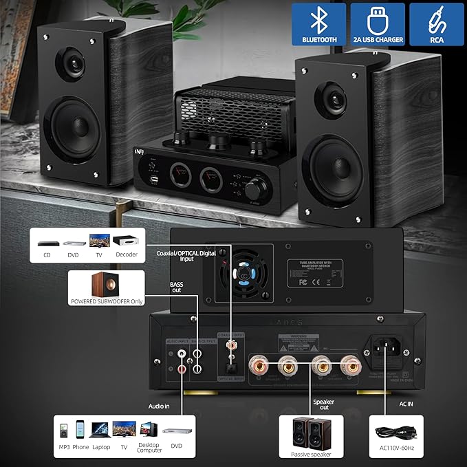 INFI Audio Hybrid Class AB Tube Amplifier 6N3 Power Amp with Bluetooth Home Audio HiFi Stereo Receiver Integrated Amp AUX Bluetooth USB Charger Optical Coaxial Sub-Out
