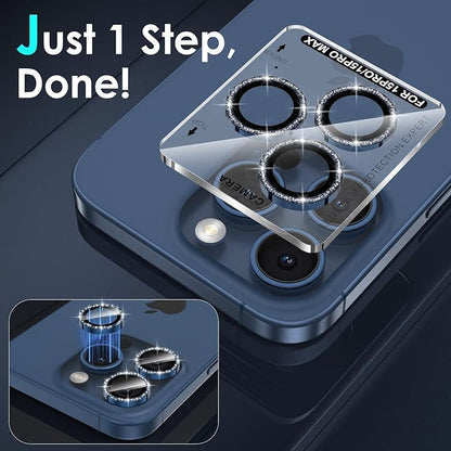 YWXTW Designed for iPhone 15 Pro/iPhone 15 Pro Max Camera Lens Protector Bling, [New Glitter Design] Individual Metal Tempered Glass Camera Cover Accessories Case Friendly (Blue Titanium Glitter)