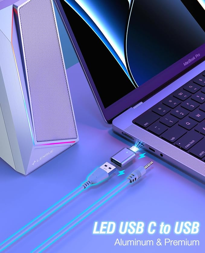 LENRUE Computer Speakers, USB/USB-C Powered PC Speakers with Loud Stereo Sound, Headphone-in for Desktop, Laptop, Monitor