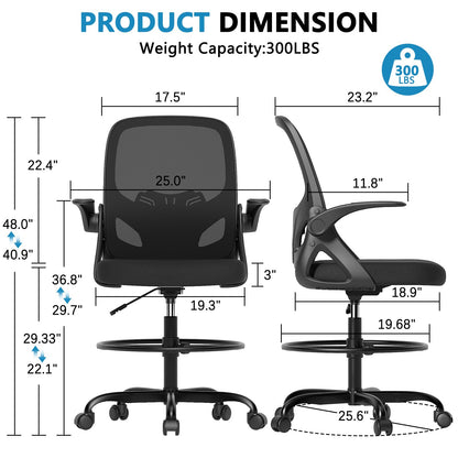 Kensaker Drafting Chair Tall Office Chair, Ergonomic Standing Desk Chair with Adjustable Foot Ring and Flip-up Armrests, Mesh Computer Chair for Art Studio, 300 LBS, Black