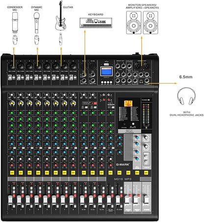 Audio Mixer Bluetooth G-MARK Professional Mixer Usb Interface Sound Board Console System 16 Channel Digital MP3 Computer Input 48V Phantom Power Stereo DJ 24-Bit SPX Effects Mixing Console