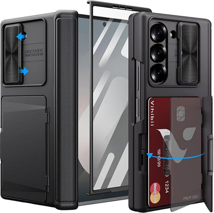 Vihibii for Samsung Galaxy Z Fold 6 Case with Card Holder & Slide Camera Cover & Screen Protector & Hinge Protection, Heavy Duty Rugged Wallet Phone Case for Samsung Galaxy Z Fold 6 2024, Black