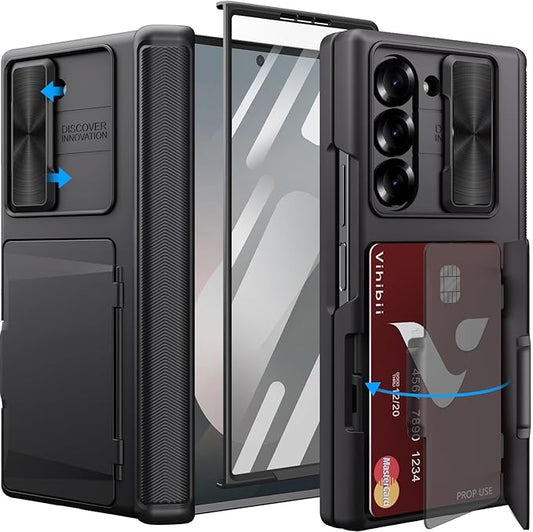 Vihibii for Samsung Galaxy Z Fold 6 Case with Card Holder & Slide Camera Cover & Screen Protector & Hinge Protection, Heavy Duty Rugged Wallet Phone Case for Samsung Galaxy Z Fold 6 2024, Black