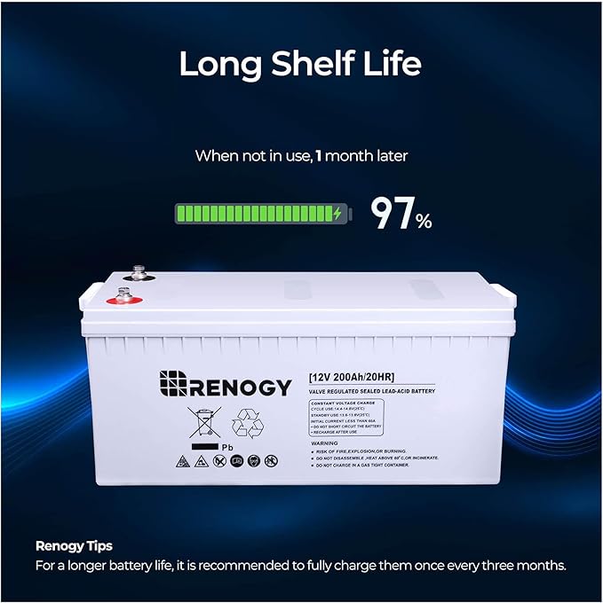 Renogy Deep Cycle AGM Battery 12 Volt 200Ah, 3% Self-Discharge Rate, 2000A Max Discharge Current, Safe Charge Most Home Appliances for RV, Camping, Cabin, Marine and Off-Grid System, Maintenance-Free