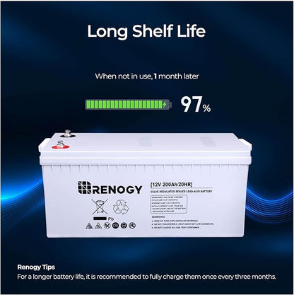 Renogy Deep Cycle AGM Battery 12 Volt 200Ah, 3% Self-Discharge Rate, 2000A Max Discharge Current, Safe Charge Most Home Appliances for RV, Camping, Cabin, Marine and Off-Grid System, Maintenance-Free