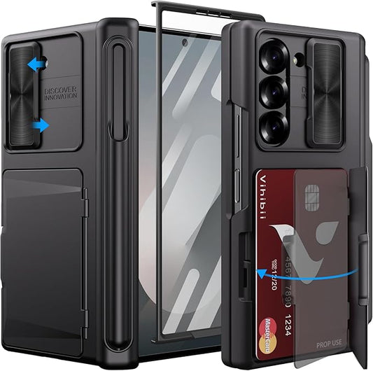 Vihibii for Samsung Galaxy Z Fold 6 Case with S Pen Holder & Card Holder & Slide Camera Cover & Screen Protector & Hinge Protection, Heavy Duty Rugged Wallet Phone Case for Galaxy Z Fold 6, Black