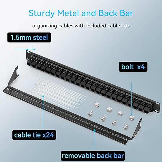 Patch Panel 24 Port Cat6 with Coupler Keystone, Cat6a Network Patch Panel 10G No Punch Down, Time-Saver Ethernet 1U Rj45 Panel with Sturdy Back Bar, 19 Inch Coupler Network Panel