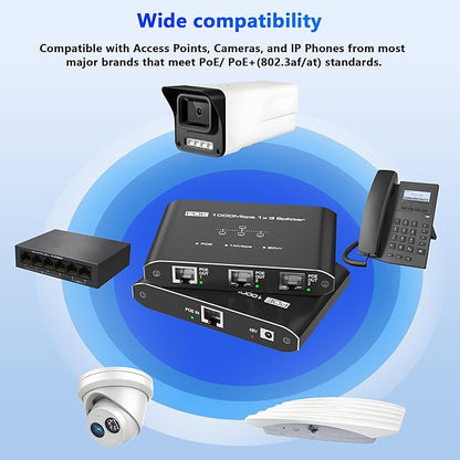 PoE Switch 1 in 3 Out, Gigabit 3 Port PoE Splitter, IEEE 802.3at/af Compliant, 30W per Port Power Over Ethernet Hub for IP Cameras/Access Points/VoIP Phones (328 Ft), Network Hub for Cat5e/6/7/8 Cable