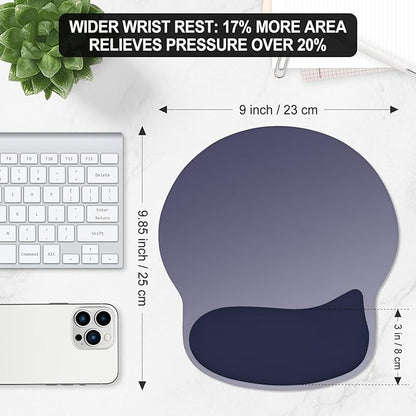 ITNRSIIET Ergonomic Mouse Pad with Wider Memory Foam Wrist Rest +17% - Curved Cushion Reduces Pressure 20%, Pain Relief, Non-Slip, Smooth, Cute Colors, 9.85 x 9 in, Gray Blue Gradient