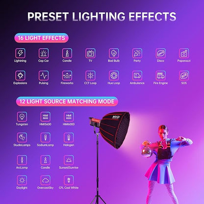 GVM RGB 300W Video Light Kit with Parabolic Softbox and Stand, Photography Lighting for Camera Studio Recording with Bowen Mount, COB Film Light with APP&DMX, Aluminum Alloy, 2000-10000K, CRI 97+