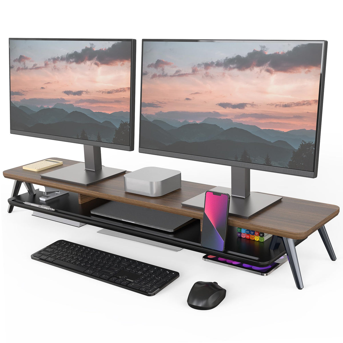 Fenge Monitor Stand Riser, Wooden Desk Shelf with 2-Tier Storage