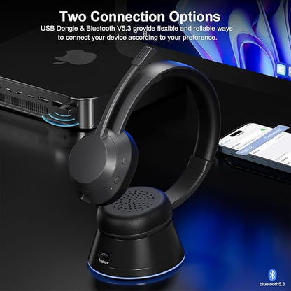Wireless Headset with Mic for Work, Bluetooth Headset with Microphone (Noise Cancellation), Wireless Headphones with USB Dongle & Charging Dock for Call Center/Home/Computer/PC/Laptop/Teams/Zoom