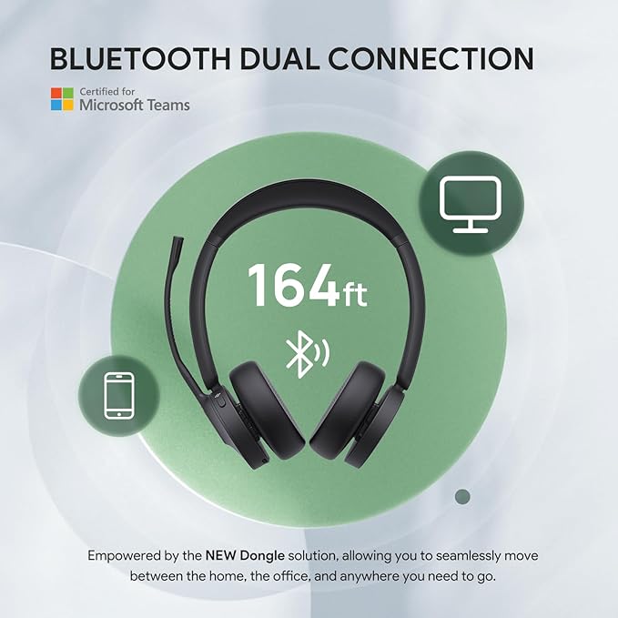 Yealink BH70 with Stand, Wireless Bluetooth Headset with Microphone for Work, Up to 35 Hours Talk Time, Teams Certified, ≤90 Minutes Quick Charging, USB-C/A Adapter, No Power Adapter Required