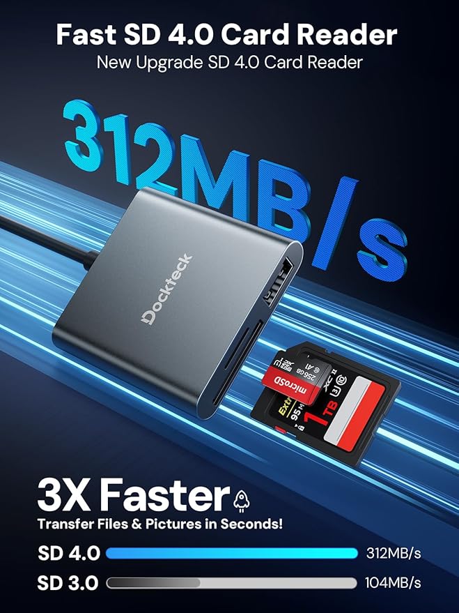 Dockteck SD Card Reader Adapter, 312MB/s SD4.0 Super Speed, USB3.1 SD/TF Card Reader, 3-Slot USBC to SD/Micro SD/USB A Memory Card Reader for UHS-Ⅱ-ⅠSD/Micro SD/SDHC/SDXC/MMC, with OTG for Plug&Play