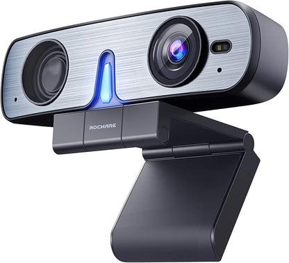 ROCWARE RC08 2K Webcam with Speaker, Webcam for PC, HD Web Cam with Noise Reduction Mic/Harman Speaker/4X Eptz/Privacy Cover/0.2S Auto-Focus/Low Illumination, Computer Camera for Zoom/Teams/Meeting