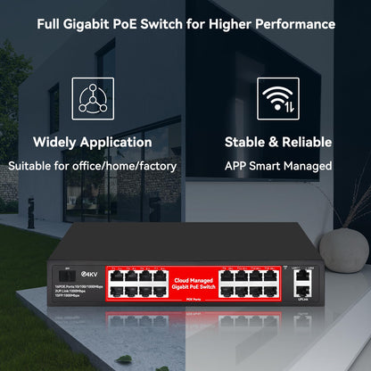 STEAMEMO 16 Port Gigabit PoE Switch, Smart Managed Gigabit Ethernet Switch, 16 PoE+ Ports@240W, Plug and Play, Vlan, Fanless, Desktop or Rackmount, Overload Protection w/ Port