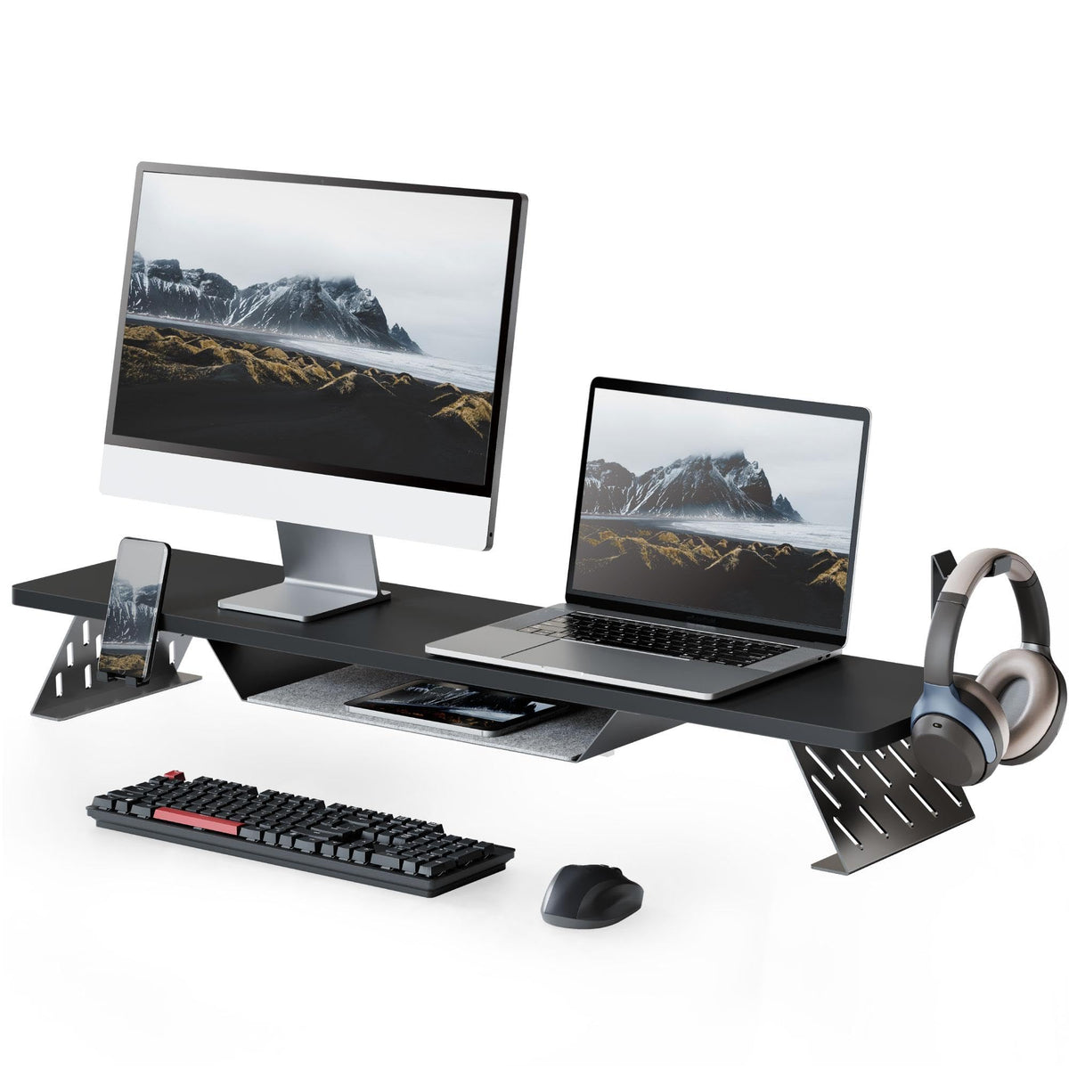 Fenge Dual Monitor Stand, Wooden Desk Shelf with Headphone & Phone Holder
