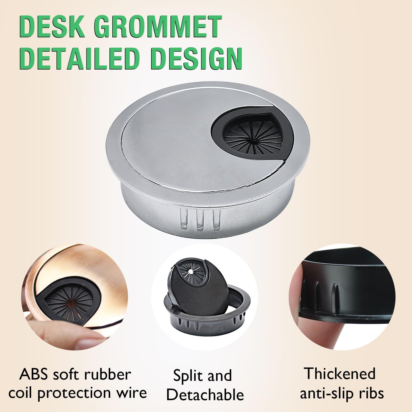 EASYEAH 1 Pcs Desk Grommet 3-1/8" / 80 mm, Desk Cord Hole Cover, Cable Grommet Metal Zinc Alloy Materilal, Desk Hole Grommet for Home & Office Pc, Detachable Cable Cord Organizer-Flat Black