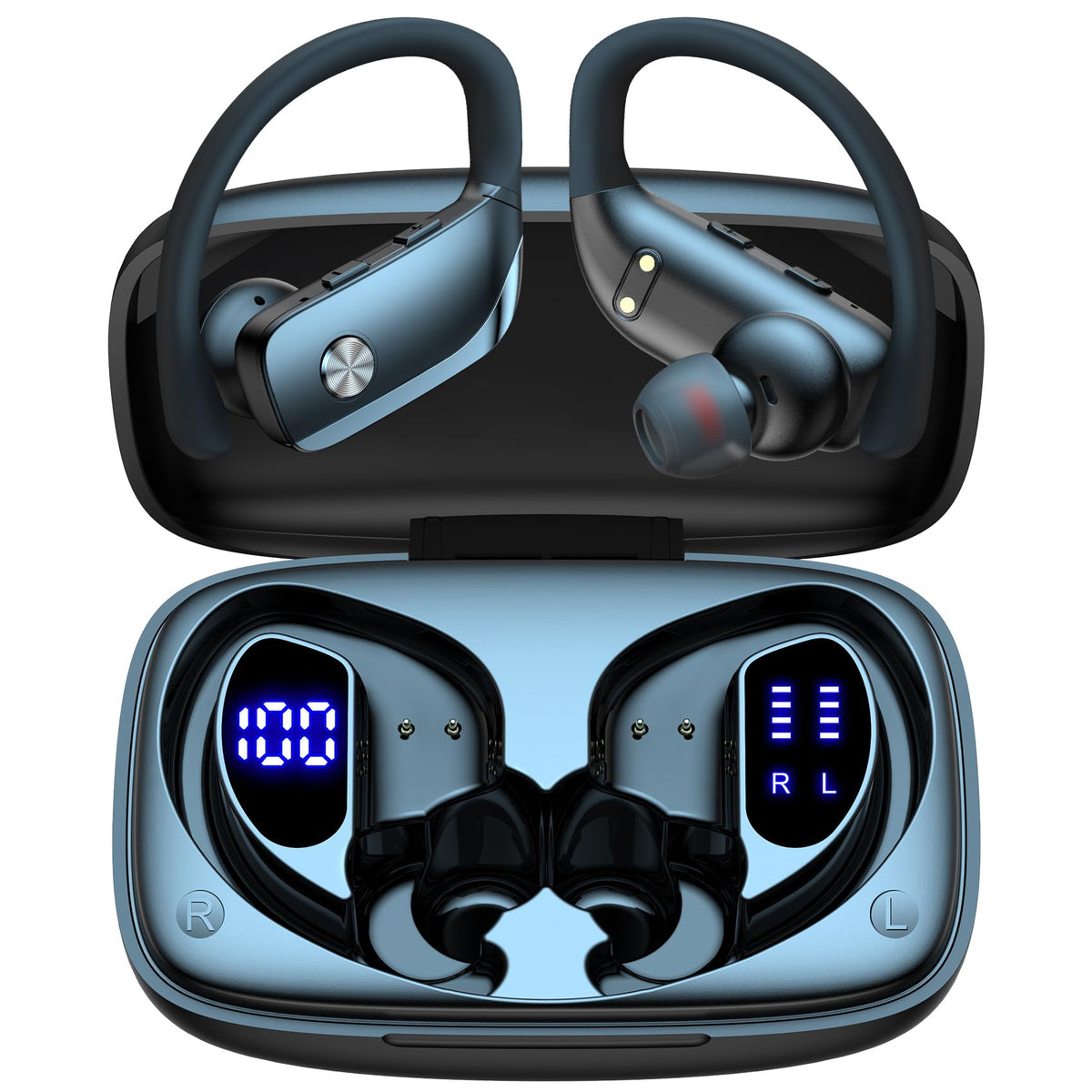 bmani Ear Buds Wireless Earbuds Bluetooth Headphones with 80H Playtime LED Display Case, Over-Ear Hook with Mic, Stereo Sound, Easy Button Controls, Sports Earphones for Running Workout Gym Mint Green
