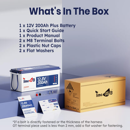 12V 200Ah Plus LiFePO4 Battery, Timeusb Lithium Battery with 200A BMS, Max. 2560W Power, 4000-15000 Deep Cycles, 10-Year Lifetime, Perfect for RV, Camping, Marine, Solar Off Grid, Backup System