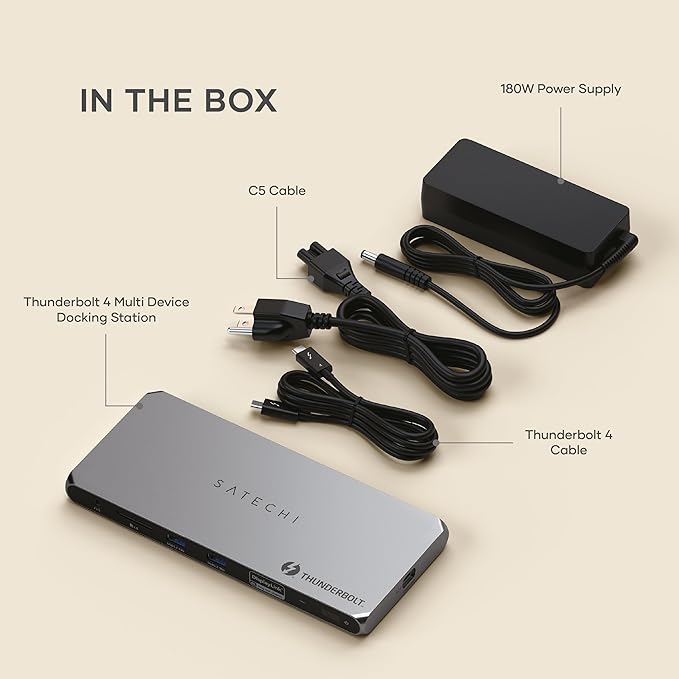 Satechi Thunderbolt 4 Dock 100W Charging, Dual Monitor HDMI 4K/60Hz, 40Gbps Data Transfer, 2 USB-A 3.2, Ethernet, Thunderbolt 4 Dock for MacBook Air/Pro M4, Mac/Windows, DisplayLink Software Required