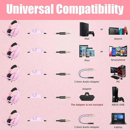 BENGOO G9000 Professional Gaming Headset for PS4, PC, Xbox One Controller, Noise Cancelling Over Ear Headphones with Mic, LED Light, Bass Surround, Soft Memory Earmuffs for Laptop Nintendo - Pink