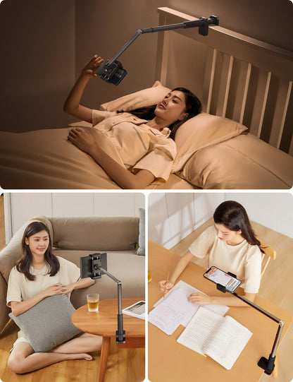 SupeDesk Phone Holder for Bed, 360° Rotation Cell Phone Stand, Flexible Long Arm Headboard Bedside Clip, Multi-Functional Overhead Phone Mount for 3.5-11" Phones, Tablets, Kindle, Black